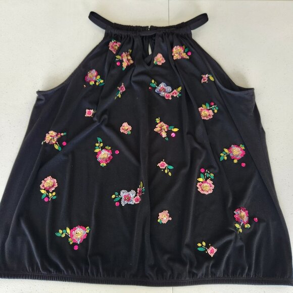 INC Black Halter Top, Multi-color Sequin Flowers, Bubble Hem, Plus Size 2X - Picture 1 of 15